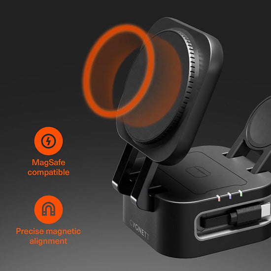 Chargeur sans fil pliable 3-en-1 MagStand avec câble rétractable Noir