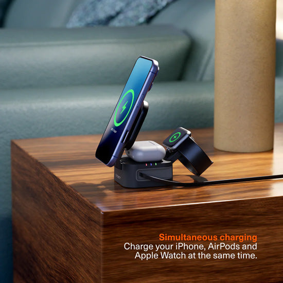 Chargeur sans fil pliable 3-en-1 MagStand avec câble rétractable Noir