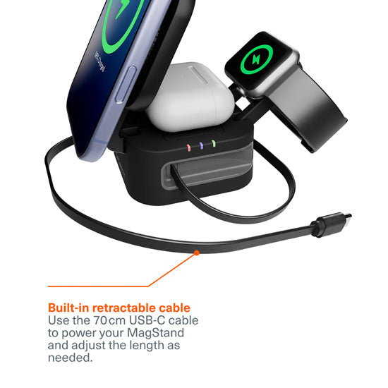 Chargeur sans fil pliable 3-en-1 MagStand avec câble rétractable Noir