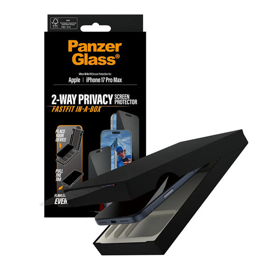 PanzerGlass®Protection d'écran 2-Way Privacy Ultra-Wide Fit w. FASTFIT IN-A-BOX iPhone 17 Pro Max |