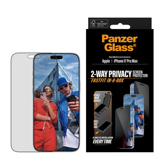 PanzerGlass®Protection d'écran 2-Way Privacy Ultra-Wide Fit w. FASTFIT IN-A-BOX iPhone 17 Pro Max |