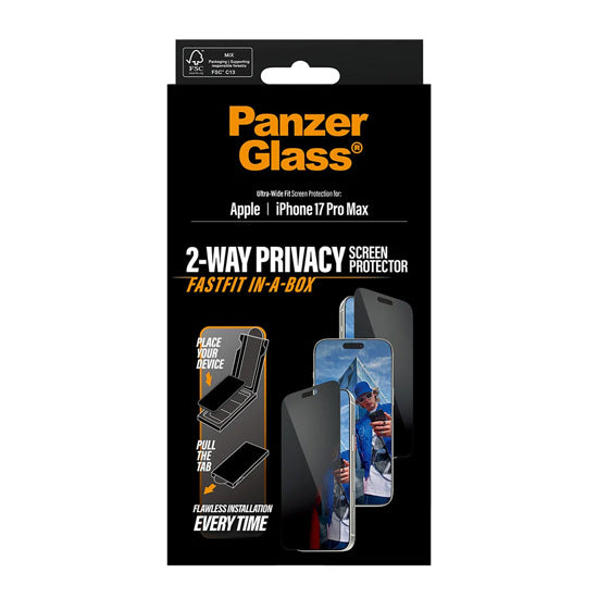 PanzerGlass®Protection d'écran 2-Way Privacy Ultra-Wide Fit w. FASTFIT IN-A-BOX iPhone 17 Pro Max |